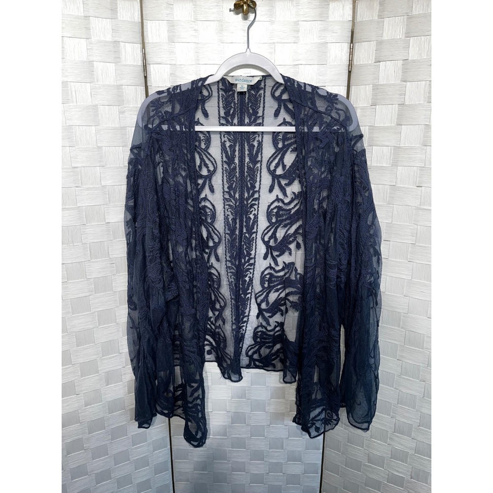 Sundance Womens Medium Navy Blue Embroidered Sheer Mesh Lace Open Front Cardigan